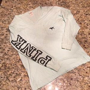 VS Pink M Mint Varsity Long Sleeve V Neck Tee